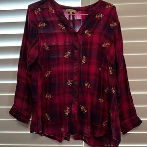 Red check blouse with floral pattern